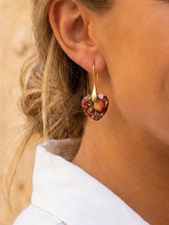Anthropologie Jewelry - Anthropologie Gold Heart Drop Earrings with Red Floral Inlay